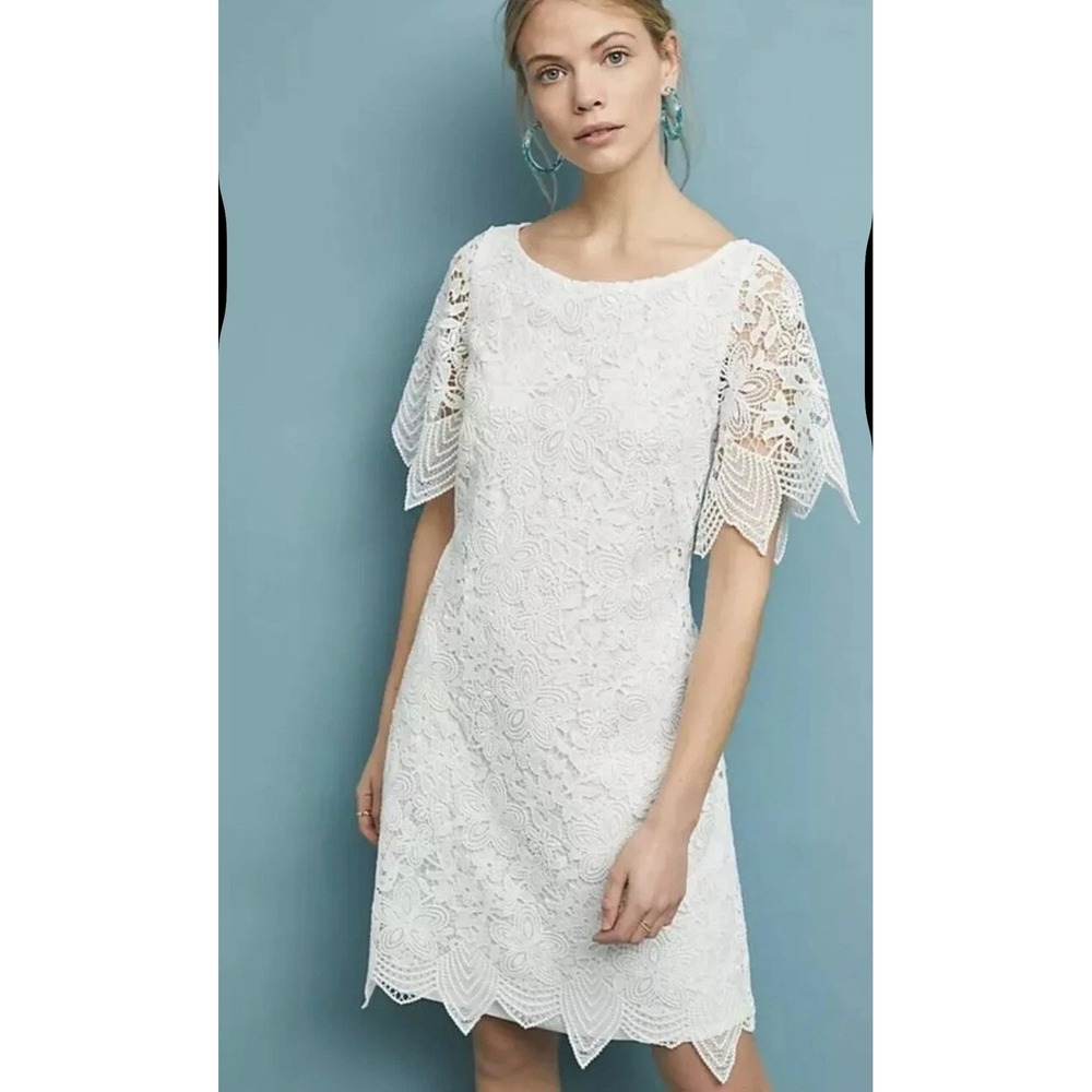 Anthropologie Ivory Charleston Lace Flutter Sleeve Shift Dress Size 2 50495498